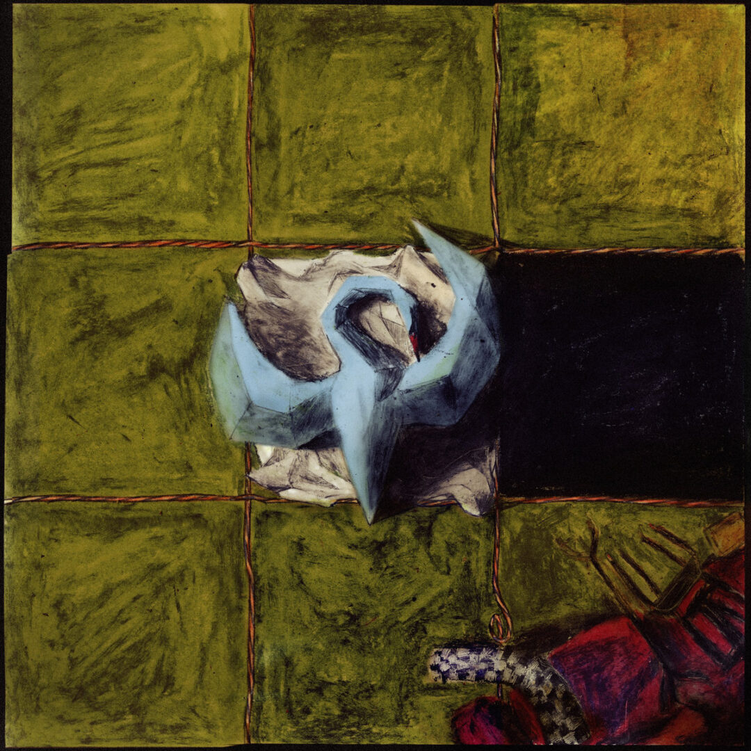 Image shows a painting of 9 boxes separated by red yarn, 7 are green while one is black from a shadow to the right of the center box. The center box holds a painting of a swan lying atop a crumbled piece of paper. In the lower right corner there's red furniture encroaching on the picture.